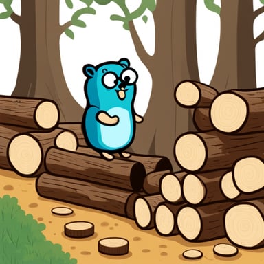Go Blue Gopher inspecting a stack of tree logs.