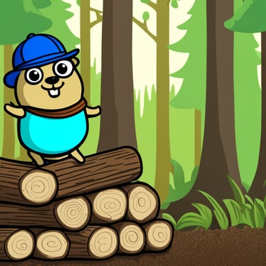 Go Blue Gopher inspecting a stack of tree logs.