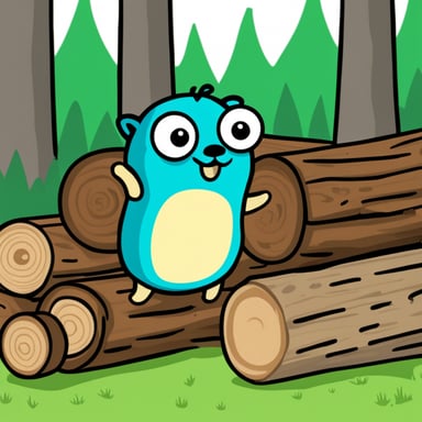 Go Blue Gopher inspecting a stack of tree logs.