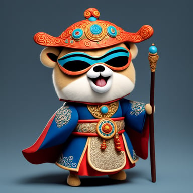 Go Blue Gopher is wearing a Peking opera costume, wielding a Yang Family spear.