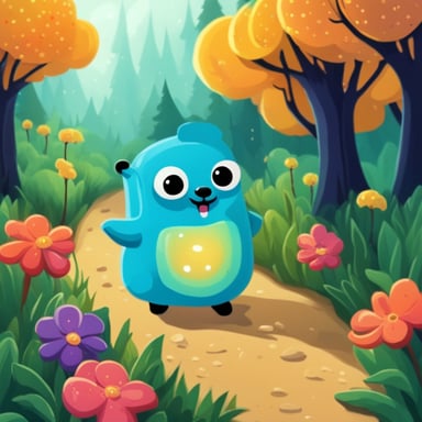 Walking in the forest, Go Blue Gopher admired the nice trees and flowers, vibrant and colorful. Around them, happy little creatures frolicked, adding to the joyful atmosphere.