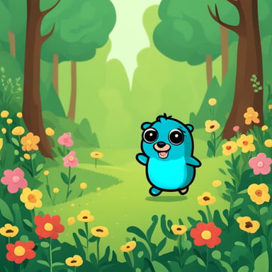 Walking in the forest, Go Blue Gopher admired the nice trees and flowers, vibrant and colorful. Around them, happy little creatures frolicked, adding to the joyful atmosphere.