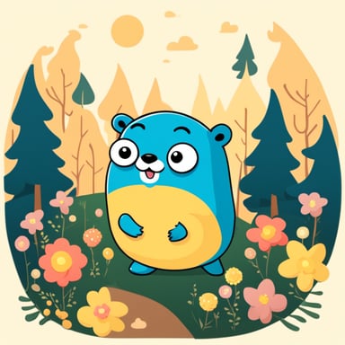 Walking in the forest, Go Blue Gopher admired the nice trees and flowers, vibrant and colorful. Around them, happy little creatures frolicked, adding to the joyful atmosphere.