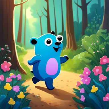 Walking in the forest, Go Blue Gopher admired the nice trees and flowers, vibrant and colorful. Around them, happy little creatures frolicked, adding to the joyful atmosphere.