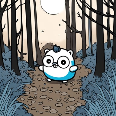 Go Blue Gopher stars in a Japanese manga, anime style, adventuring in a black and white forest.