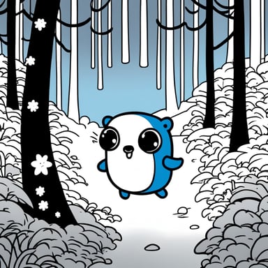 Go Blue Gopher stars in a Japanese manga, anime style, adventuring in a black and white forest.