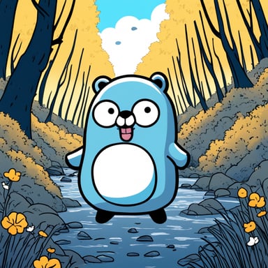 Go Blue Gopher stars in a Japanese manga, anime style, adventuring in a black and white forest.