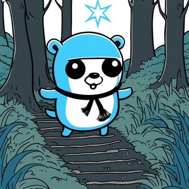 Go Blue Gopher stars in a Japanese manga, anime style, adventuring in a black and white forest.