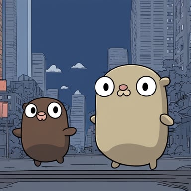 In a manga style anime, Go Blue Gopher adventures through the city, showcasing its unique personality and heroic deeds.