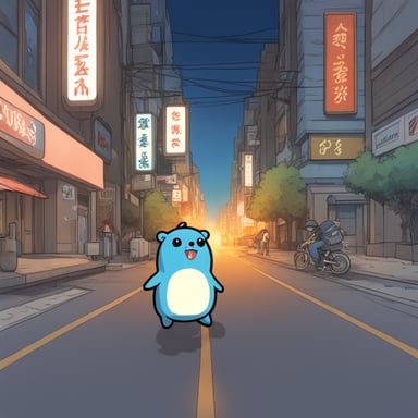 In a manga style anime, Go Blue Gopher adventures through the city, showcasing its unique personality and heroic deeds.