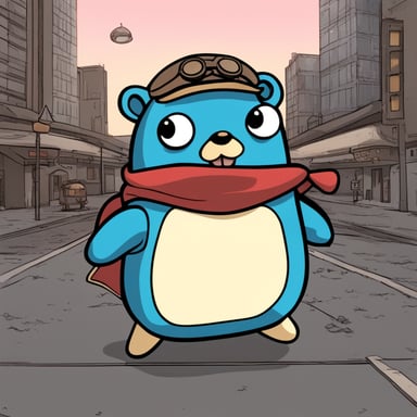 In a manga style anime, Go Blue Gopher adventures through the city, showcasing its unique personality and heroic deeds.