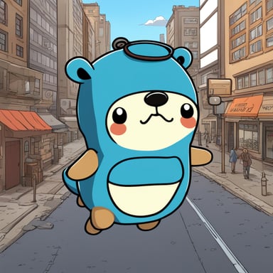 In a manga style anime, Go Blue Gopher adventures through the city, showcasing its unique personality and heroic deeds.
