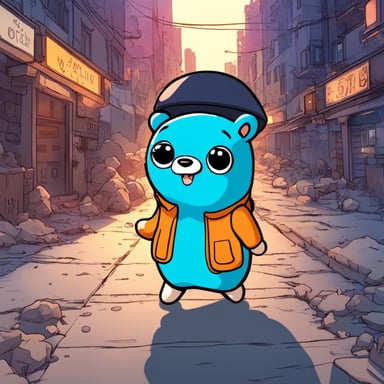 In a vibrant city setting, Go Blue Gopher stars as the main character in a manga-style anime, embarking on colorful adventures amidst the urban landscape.