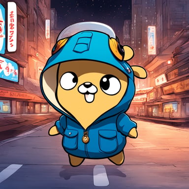 In a vibrant city setting, Go Blue Gopher stars as the main character in a manga-style anime, embarking on colorful adventures amidst the urban landscape.