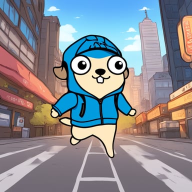 In a vibrant city setting, Go Blue Gopher stars as the main character in a manga-style anime, embarking on colorful adventures amidst the urban landscape.