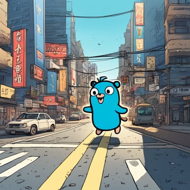 In a manga-style city, Go Blue Gopher embarks on an anime adventure, showcasing its unique personality and daring spirit amidst the vibrant urban landscape.