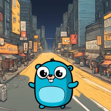 In a manga-style city, Go Blue Gopher embarks on an anime adventure, showcasing its unique personality and daring spirit amidst the vibrant urban landscape.