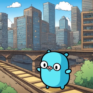 In a manga-style city, Go Blue Gopher embarks on an anime adventure, showcasing its unique personality and daring spirit amidst the vibrant urban landscape.
