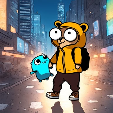 Go Blue Gopher explores the city in manga style, experiencing vibrant anime adventures.