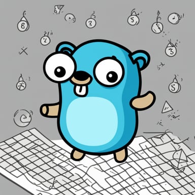 Go Blue Gopher looking at math in style of black and white line drawing.