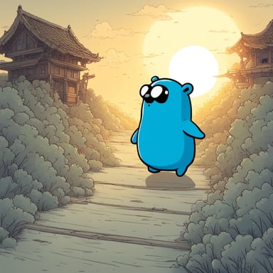 Inside a Japanese manga, Go Blue Gopher becomes the main character, embarking on an adventurous journey.