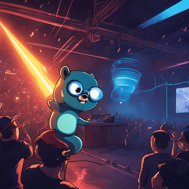 At a hardcore techno music party, Go Blue Gopher danced under lots of lasers and smoke, enjoying the rhythm and lights.