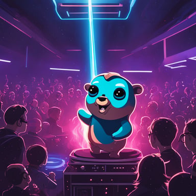 At a hardcore techno music party, Go Blue Gopher danced under lots of lasers and smoke, enjoying the rhythm and lights.