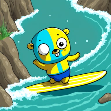 Go Blue Gopher surfing, anime style.