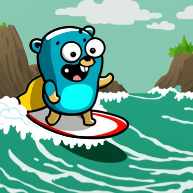 Go Blue Gopher surfing, anime style.