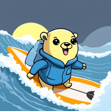 Go Blue Gopher surfing, anime style.