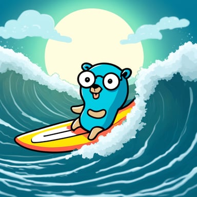 Go Blue Gopher surfing, anime style.