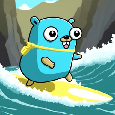 Go Blue Gopher surfing, anime style.