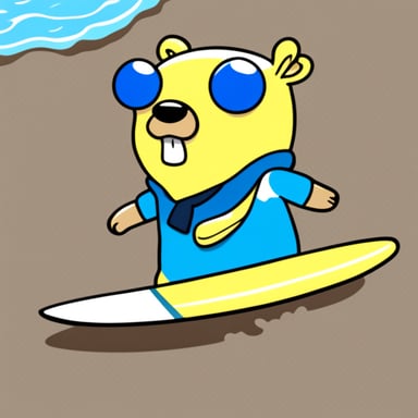 Go Blue Gopher surfing, anime style.