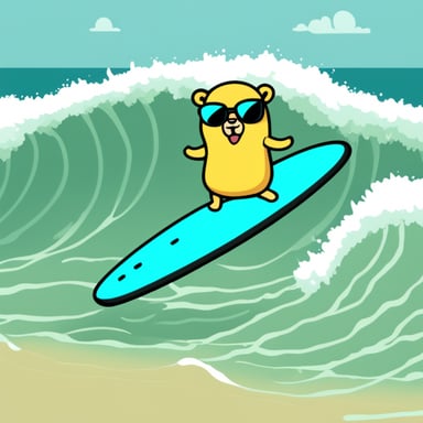 Go Blue Gopher surfing, anime style.