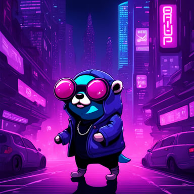 Go Blue Gopher explores a purple-colored, cyberpunk, futuristic city.