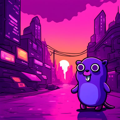Go Blue Gopher explores a purple-colored, cyberpunk, futuristic city.