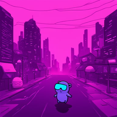 Go Blue Gopher explores a purple-colored, cyberpunk, futuristic city.