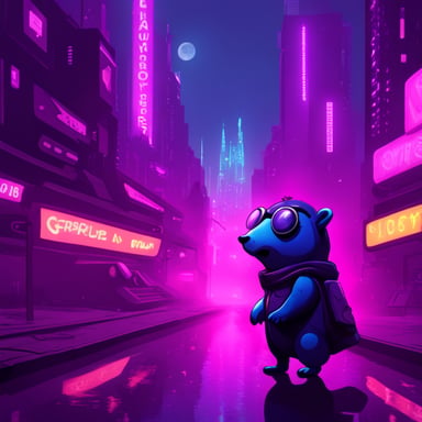 Go Blue Gopher explores a purple-colored, cyberpunk, futuristic city.