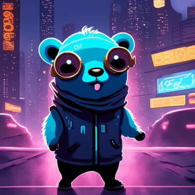 In a futuristic dystopian cyberpunk city, the Go Blue Gopher emerges as a beacon of hope, navigating the neon-lit streets to bring joy and unity to its inhabitants.