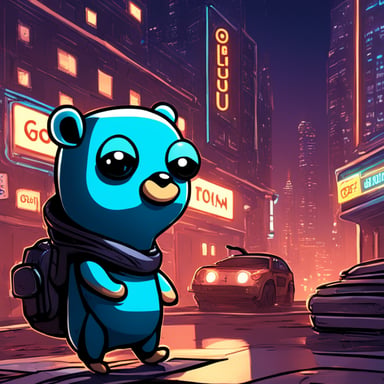 In a futuristic dystopian cyberpunk city, the Go Blue Gopher emerges as a beacon of hope, navigating the neon-lit streets to bring joy and unity to its inhabitants.