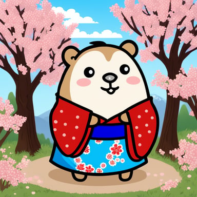 Go Blue Gopher stands among cherry blossoms, clad in a Japanese kimono, with long flowing hair.