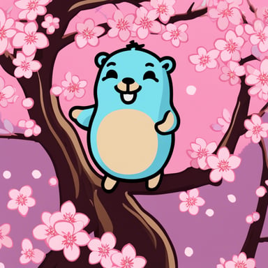 Go Blue Gopher stands among cherry blossoms, clad in a Japanese kimono, with long flowing hair.