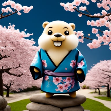 Go Blue Gopher stands among cherry blossoms, clad in a Japanese kimono, with long flowing hair.