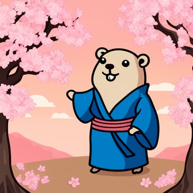 Go Blue Gopher stands among cherry blossoms, clad in a Japanese kimono, with long flowing hair.