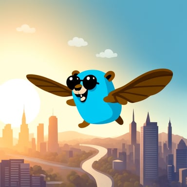 Go Blue Gopher flying in the sky with a city landscape behind.
