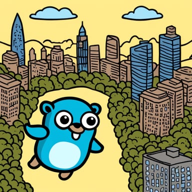 Go Blue Gopher flying in the sky with a city landscape behind.