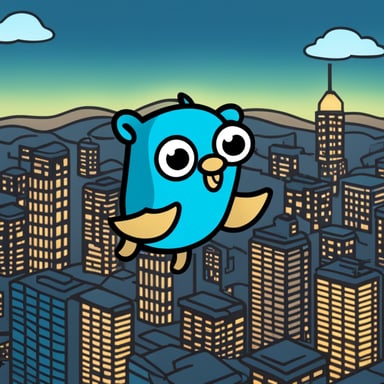 Go Blue Gopher flying in the sky with a city landscape behind.