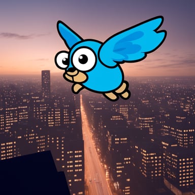 Go Blue Gopher flying in the sky with a city landscape behind.