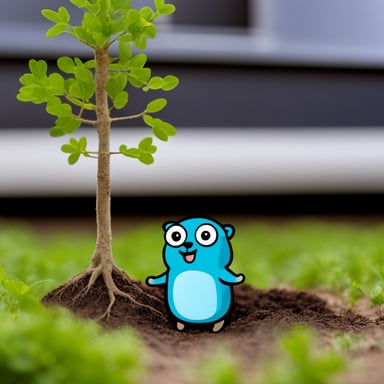 A Go Blue Gopher growing out of the ground with tree roots.