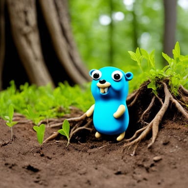 A Go Blue Gopher growing out of the ground with tree roots.